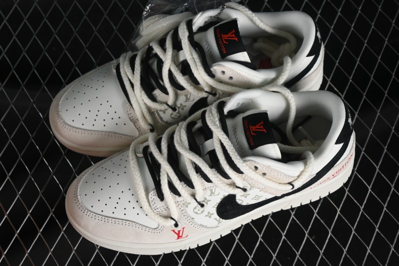 Nike SB Dunk Low LV Collaboration Anniversary Customized Sneakers in Off-White Black Swoosh Triple Floral - SJ2068-235