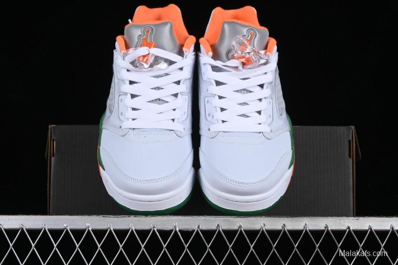 Nike Air Jordan 5 Retro Low AJ5 Sneakers in Football Grey with Vivid Orange and Pine Green Accents - FQ1293-018