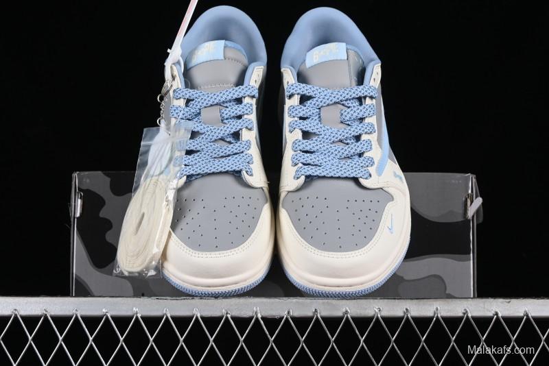 Nike Travis Scott x Fragment Design x Air Jordan 1 Low OG SP AJ1 LV Collaboration Deep Blue Low-Top Casual Sneakers - BB6588-104