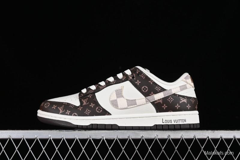 Nike SB Dunk Low LV Collaboration - Checkerboard Brown White Swoosh Anniversary High-End Custom Low-Top Casual Sneakers - SJ2068-253