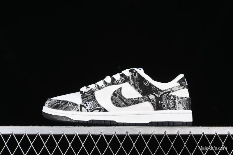 Nike SB Dunk Low LV Collaboration - Black Denim Anniversary High-End Custom Low-Top Casual Skate Shoes - XB3802-351