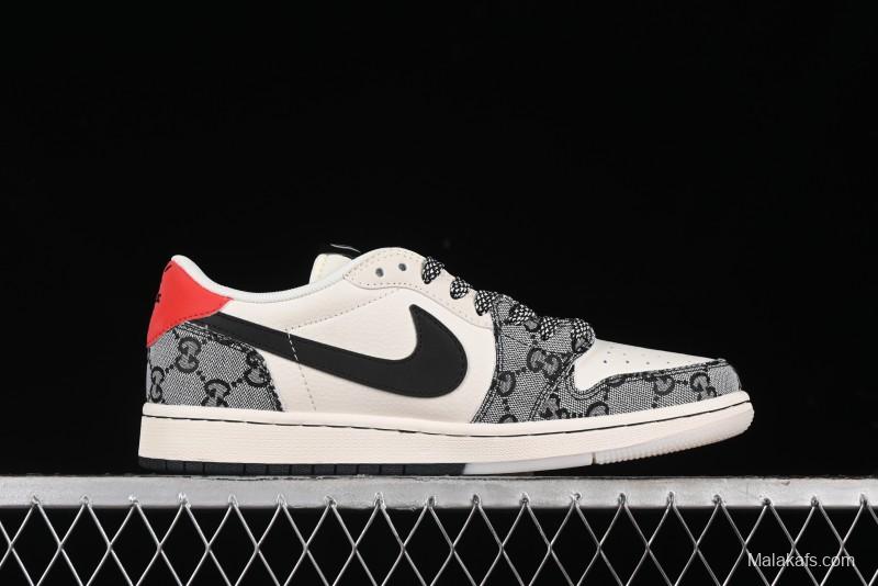 Nike Travis Scott x Fragment Design x Air Jordan 1 Low OG SP AJ1 Gucci Collaboration - Black Grey Pattern Low Top Casual Sneakers - XY2688-117