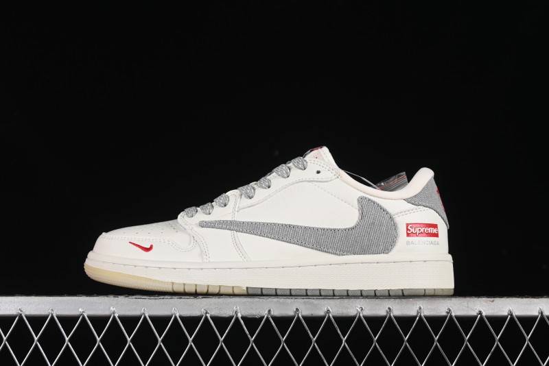 Nike Travis Scott x Fragment Design x Air Jordan 1 Low OG SP AJ1 Supreme Collaboration - Light Grey Denim Two-Tone Low-Top Casual Sneakers - JH6088-705