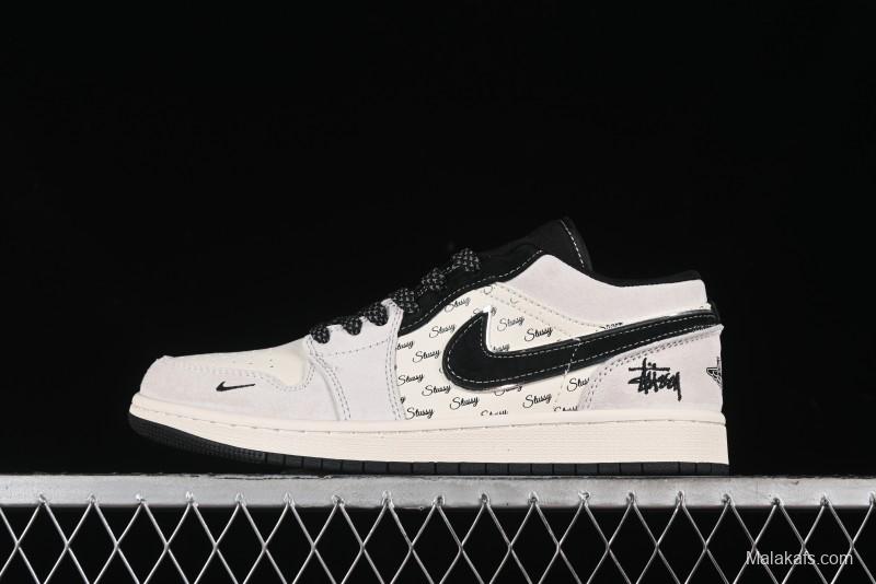 Nike Air Jordan 1 Low Stussy Collaboration - Silver Trim Black Swoosh Retro Basketball Shoes - SJ9950-026