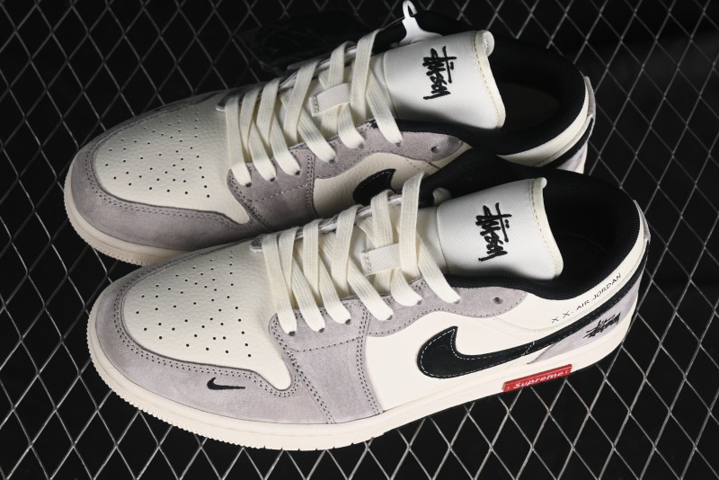 Nike Air Jordan 1 Low Stussy Collaboration - Grey Black Red Label Retro Basketball Shoes - SJ9950-034