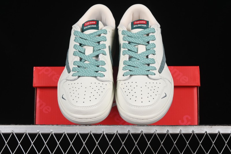Nike Travis Scott x Fragment Design x Air Jordan 1 Low OG SP AJ1 Supreme Collaboration - Green Canvas Swoosh Low-Top Casual Sneakers - JH6088-706