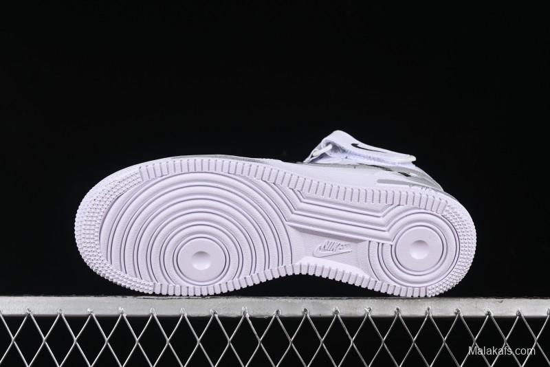 Nike Air Force 1 '07 Mid Casual Sneakers in White/Grey/Black with Hand-Painted Cracked Swoosh Shadow Detail - CW2289-111