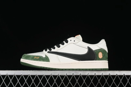 Nike Travis Scott x Fragment Design x Air Jordan 1 Low OG SP AJ1 Bape Collaboration - Jungle Green Low Top Casual Sneakers - XY2688-107