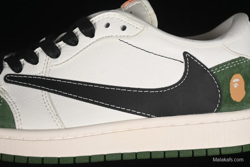 Nike Travis Scott x Fragment Design x Air Jordan 1 Low OG SP AJ1 Bape Collaboration - Jungle Green Low Top Casual Sneakers - XY2688-107