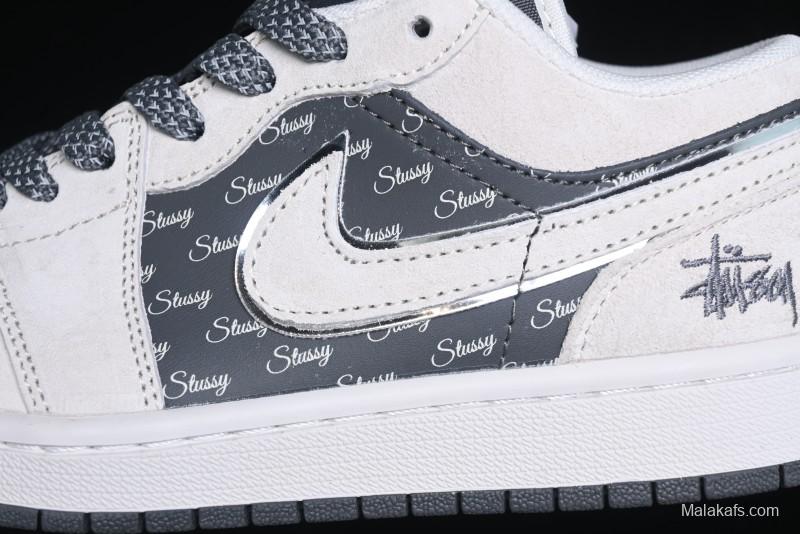 Nike Air Jordan 1 Low Stussy Collaboration - Grey Pigskin Black Base Retro Basketball Shoes - XX3318-968