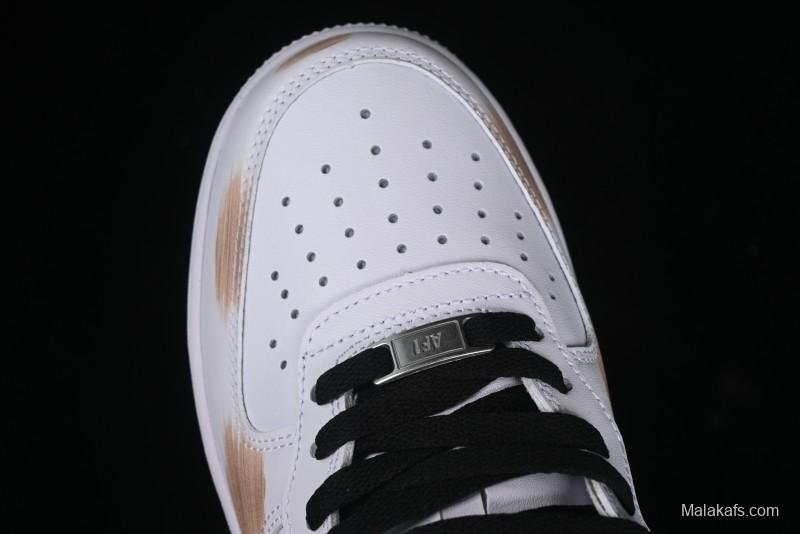 Nike Air Force 1 '07 Mid Hand-Painted White Black Brown with Swoosh Shadow Strap Mid-Top Casual Sneakers - CW2289-111