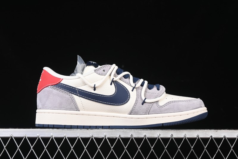 Nike Travis Scott x Fragment Design x Air Jordan 1 Low OG SP AJ1 Stussy Collaboration - Grey Blue Hook Lace Low Top Casual Sneakers - SJ0086-140