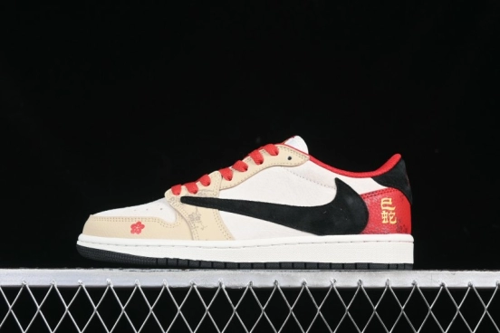 Nike Travis Scott x Fragment Design x Air Jordan 1 Low OG SP AJ1 Snake Year Limited Red Brown Black Swoosh Low Top Casual Sneakers - DM7866-077