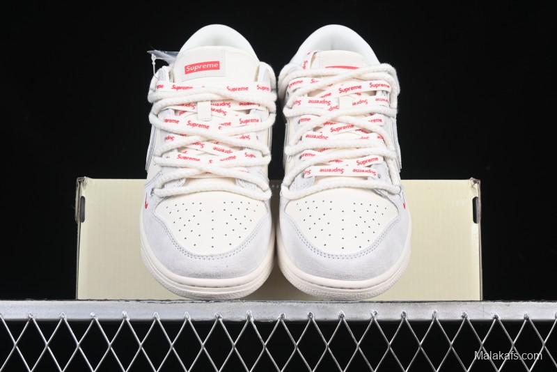 Nike SB Dunk Low Supreme Collaboration Light Gray Drawstring Anniversary High-End Custom Low-Top Casual Skate Shoes - XX3168-109