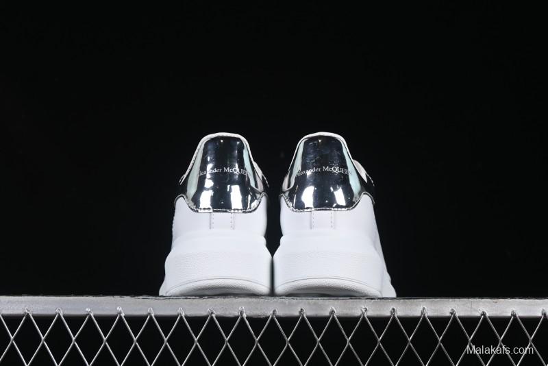 Alexander McQueen Oversized Sneakers with Mirror Silver Heel - White Leather Lace-Up Shoes