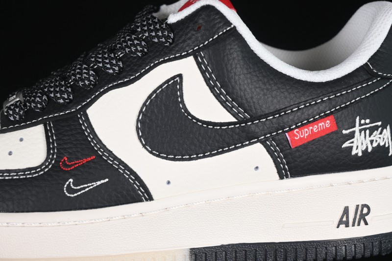 Nike Air Force 1 '07 Low Stussy Supreme Collaboration Dual-Tone Black Red Logo Low-Top Casual Sneakers - HH7518-043