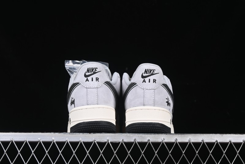 Nike Air Force 1 '07 Low Stussy Collaboration Grey Pigskin Black Swoosh Low-Top Casual Sneakers - XZ3318-099