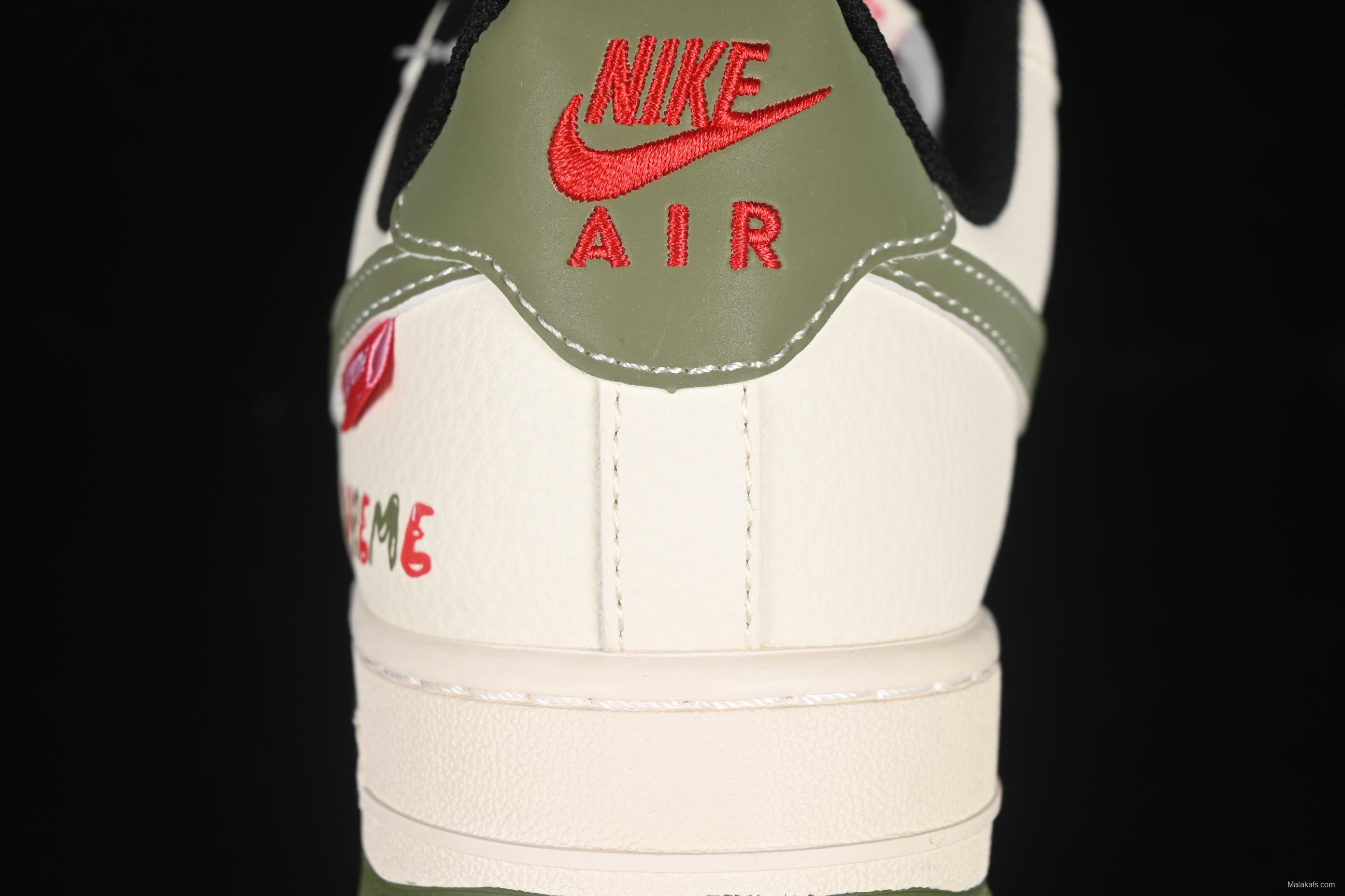 Nike Air Force 1 '07 Low Supreme Collaboration Military Green Red Logo Casual Sneakers - XS1958-566