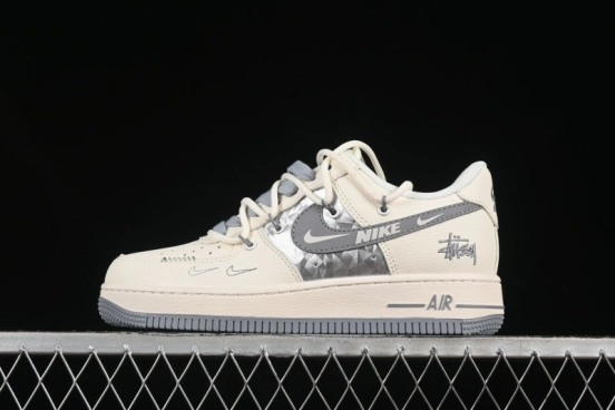 Nike Air Force 1 '07 Low Stussy Collaboration Grey Diamond Lace-Up Casual Sneakers - DM6868-072