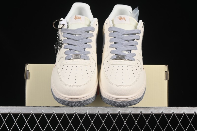 Nike Air Force 1 '07 Low Stussy Collaboration Gold Embroidery Grey Swoosh Casual Sneakers - XX3168-150