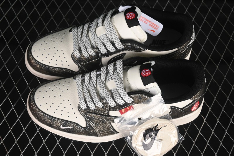 Nike Travis Scott x Fragment Design x Air Jordan 1 Low OG SP AJ1 Year of the Snake Limited Edition Black Snake Grain Low-top Casual Sneakers - YX5066-309