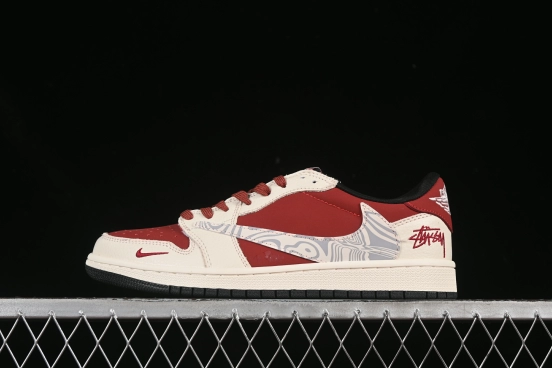 Nike Travis Scott x Fragment Design x Air Jordan 1 Low OG SP AJ1 Stussy Collaboration Ripple Bordeaux Low Top Casual Sneakers - LD2025-017