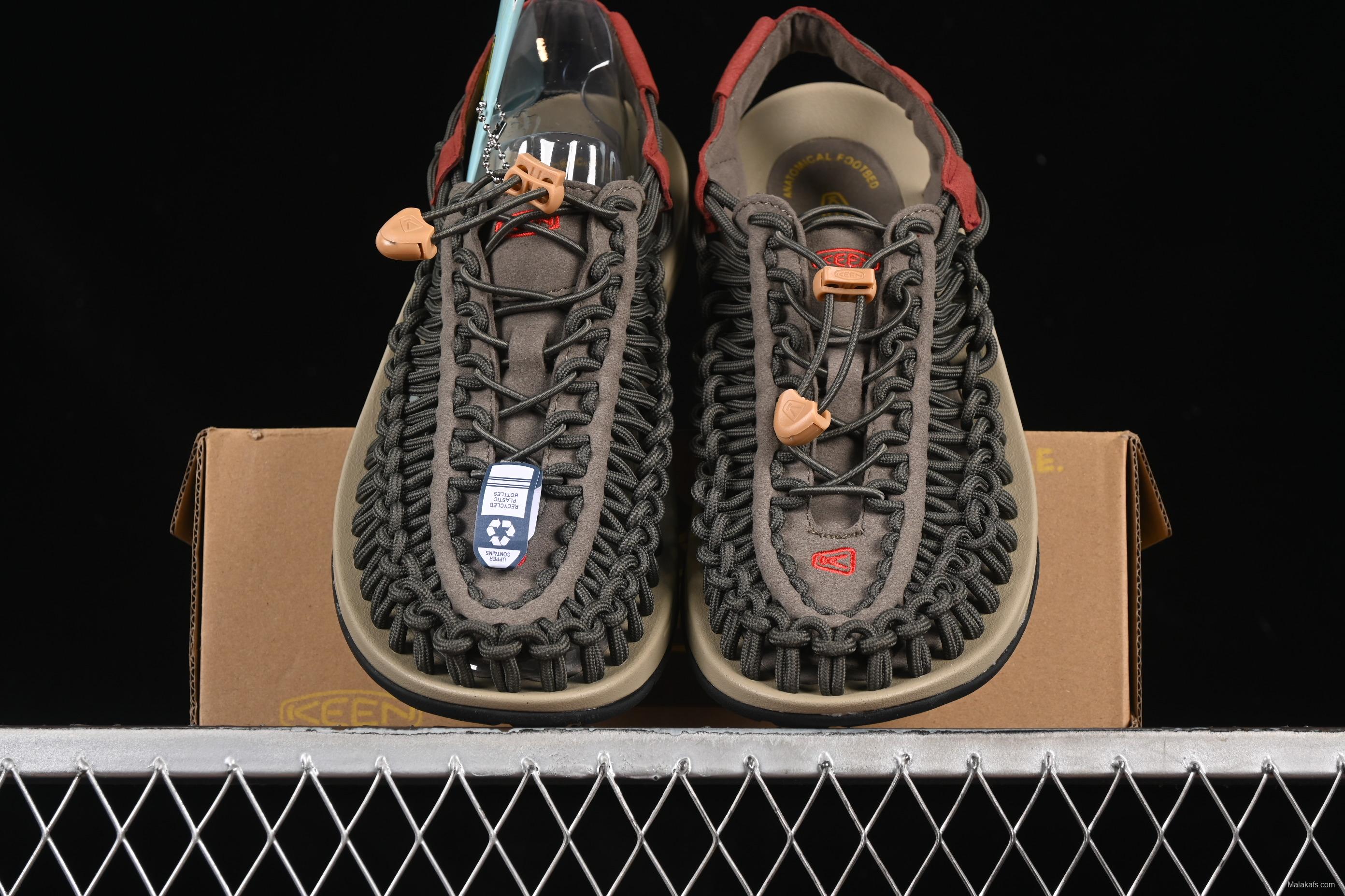 Keen Uneek Flat-M Woven Stretch Multi-Purpose Outdoor Sandals for Hiking and Water Activities - 1025171 BLACK PINE GREEN