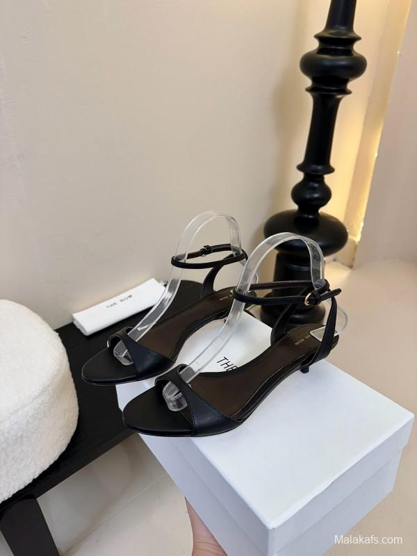 2025 Women The Row Black Leather Flat Strap Sandals KFY00270