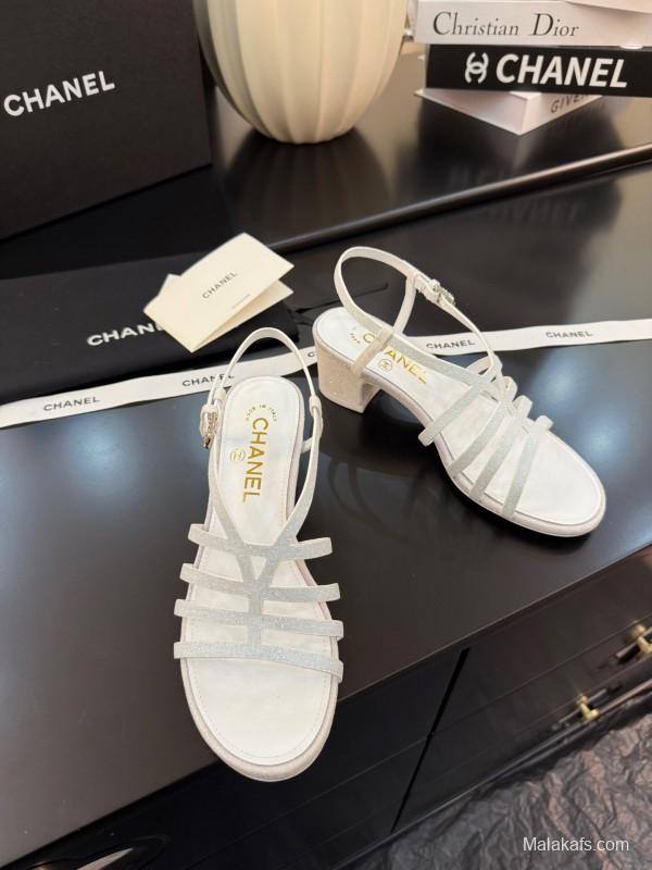 2025 Women Chanel White Leather Sandals