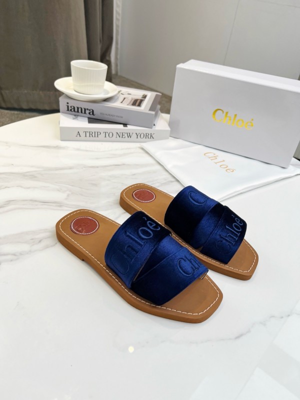 2025 Women Chloe Navy Velvet Slippers LY00200