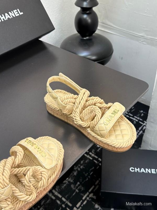 2025 Women Chanel Beige Rope Leather Slingback Sandals