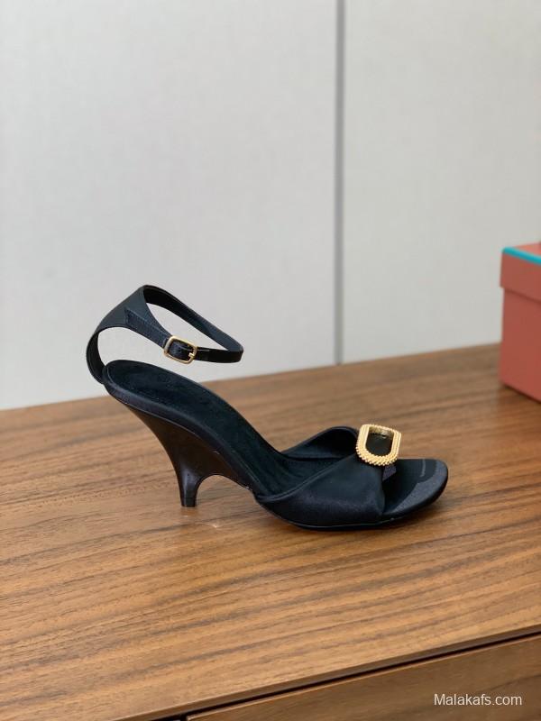 2025 Women Le Parmentier Black Leather Sandals Custom Hardware KFY00280