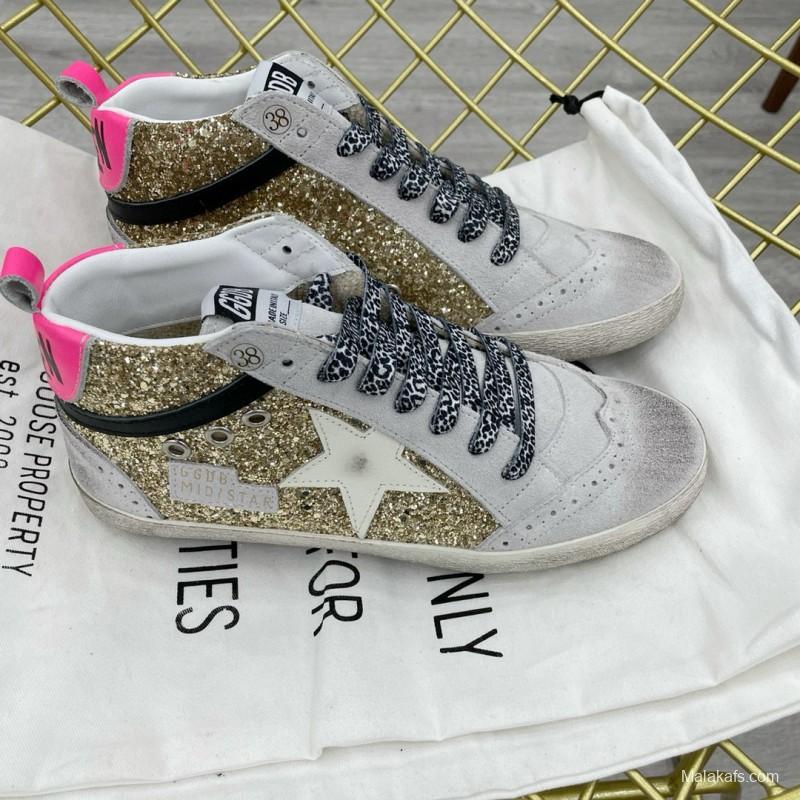 2024 Women GGDB Gold White Leather Glitter High Top Sneakers MJ015AM