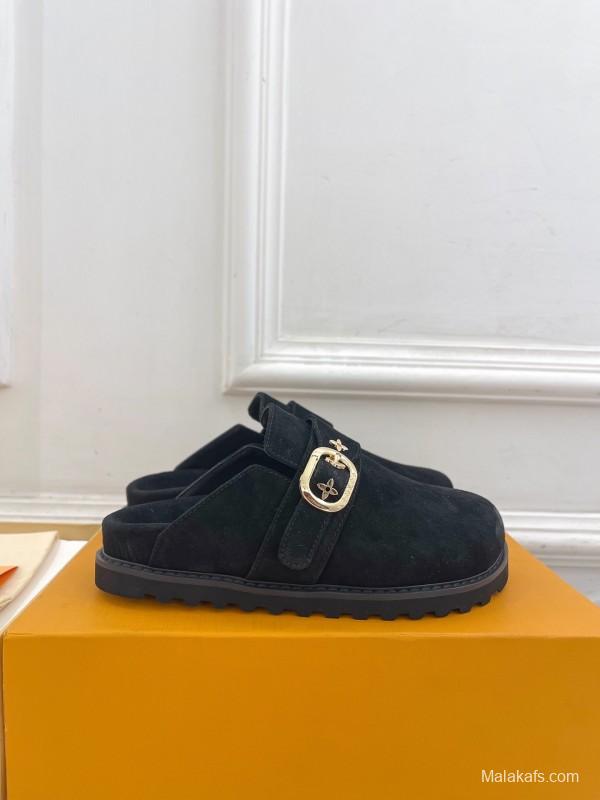 2025 Women Louis Vuitton Black Suede Mule Slip-On KFY00300