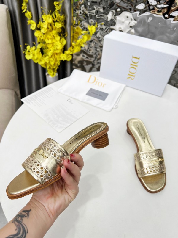 2025 Women Dior Gold Leather Slides