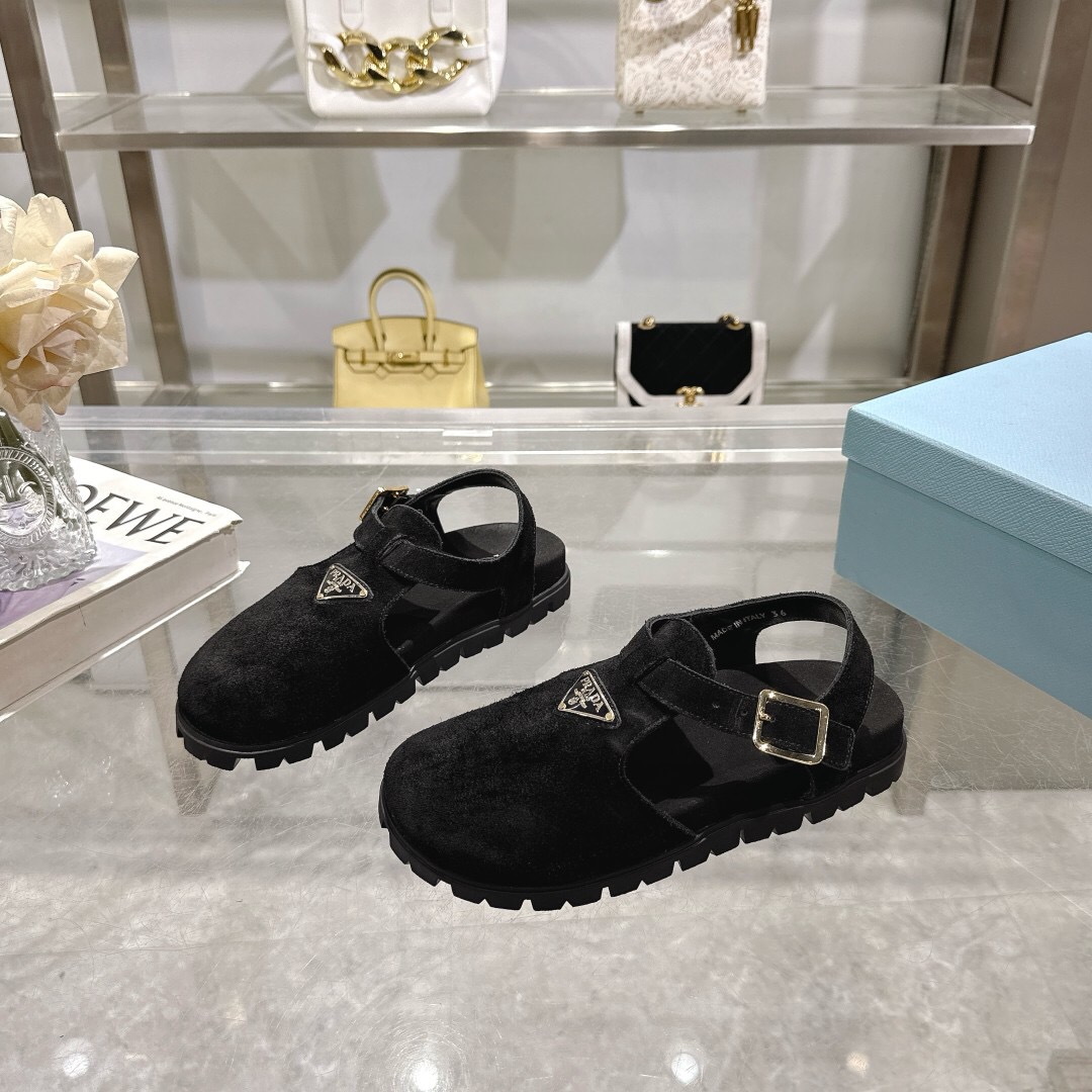 2025 Women Prada Black Suede Sandals LY00270