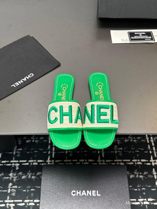 2025 Women Chanel Green Canvas Slippers