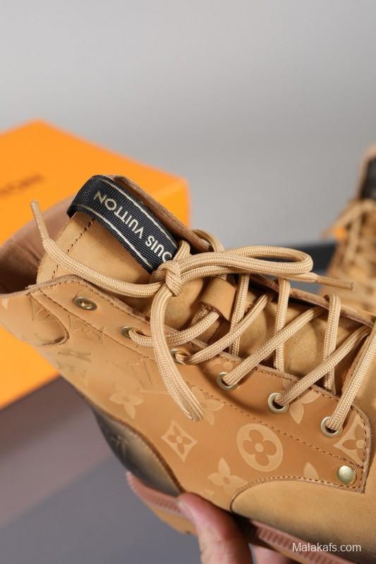 2024 Men Louis Vuitton Beige Black Leather Canvas Boots MJ00470