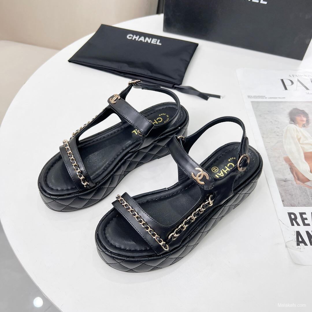 2025 Women Chanel Black Leather Sandals Chain LY00260