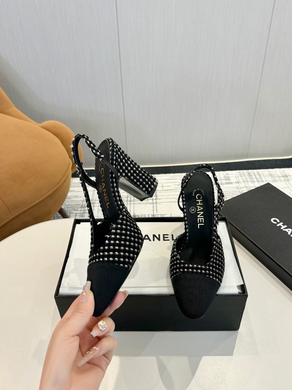 2025 Women Chanel Black White Tweed Leather Slingback Pumps