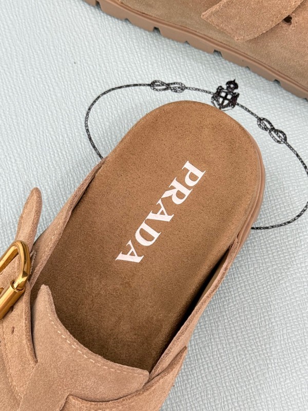 2025 Women Prada Beige Suede Clogs Buckle KFY00280