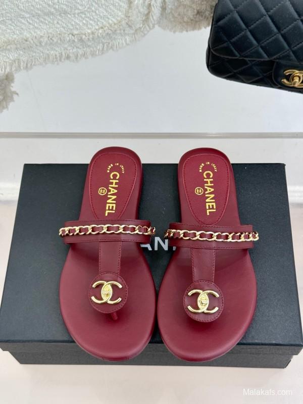2025 Women Chanel Red Lambskin Chain Sandals KFY00250