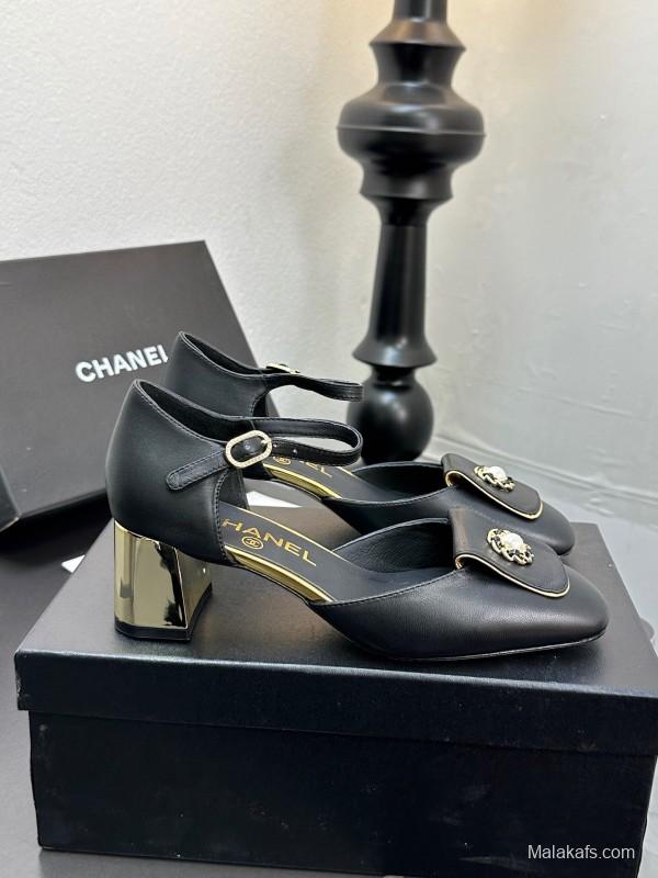 2025 Women CHANEL Black Leather Block Heel Metal Accent LY00360