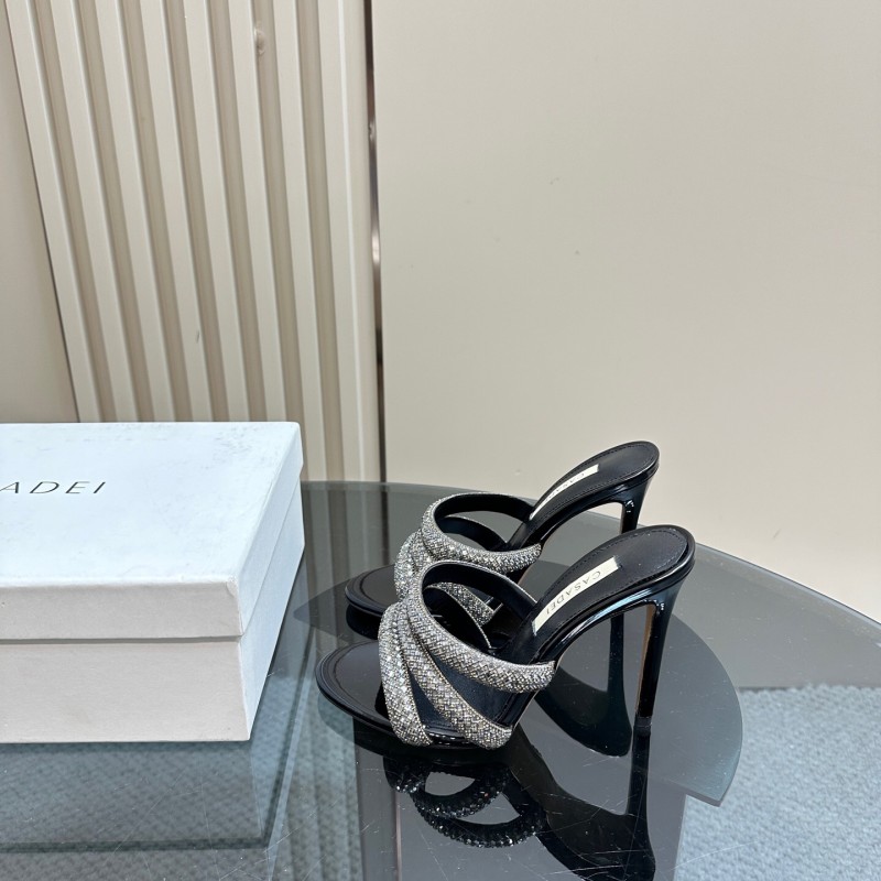 2025 Women Casadei Black Rhinestone Leather High Heels KFY00290
