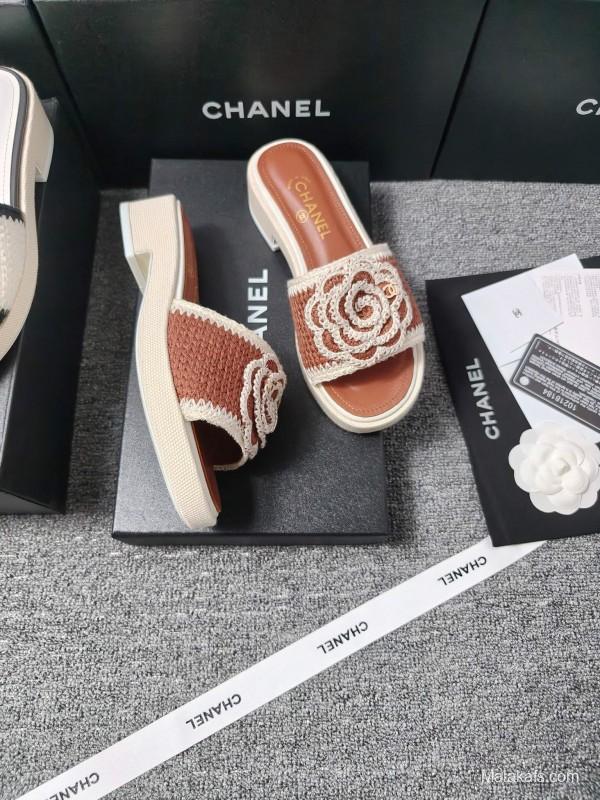 2025 Women Chanel Brown White Leather Slippers
