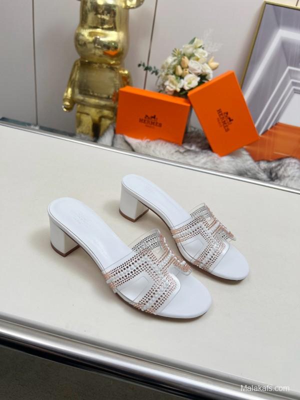 2025 Hermès White Leather Slippers H Pattern MJ00180