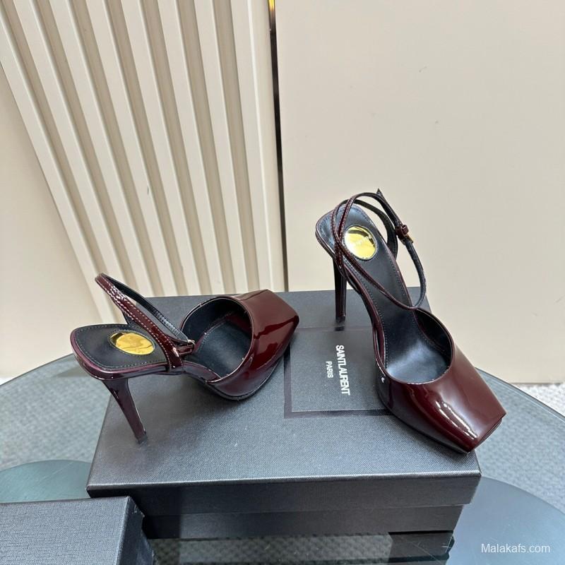 2025 Women Yves Saint Laurent Burgundy Patent Leather Slingback Heels