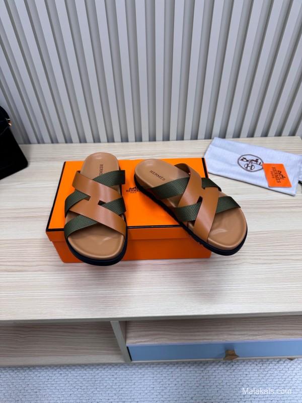 2025 Slippers Hermès Brown Green Leather Fabric Slippers