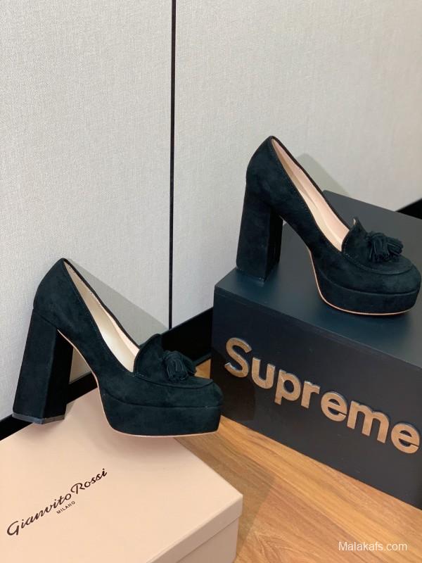 2025 Women Gianvito Rossi Black Suede Platform Tassel Loafer KFY00330