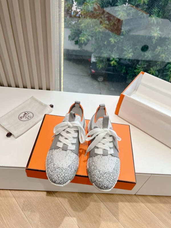 2024 Unisex Hermès Gray White Orange Calfskin Suede Sneakers MJ00290